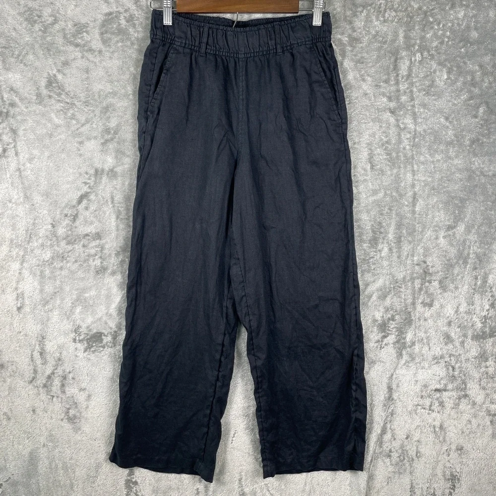 Tahari Linen Wide Leg Pants Womens Small Navy Blue Crop Elastic‎ Waist Lagenlook